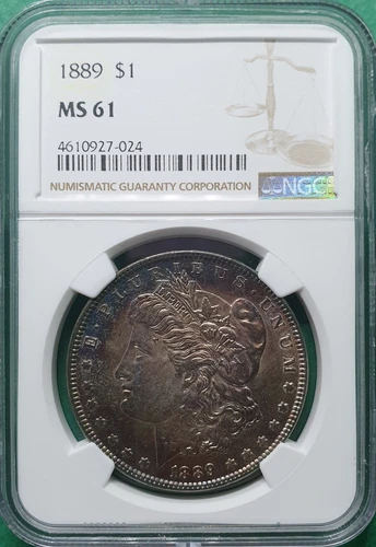 1889 MORGAN  SILVER DOLLAR RAINBOW TONED NGC MS 61