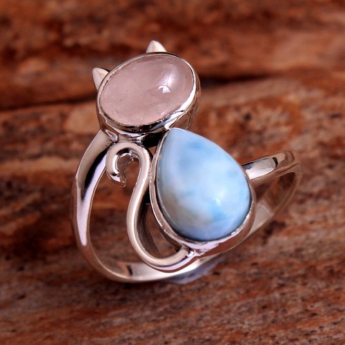 Larimar Gemstone Solid 925 sterling Silver Jewelry Cat design Ring Size US 8.25 - Picture 2 of 4