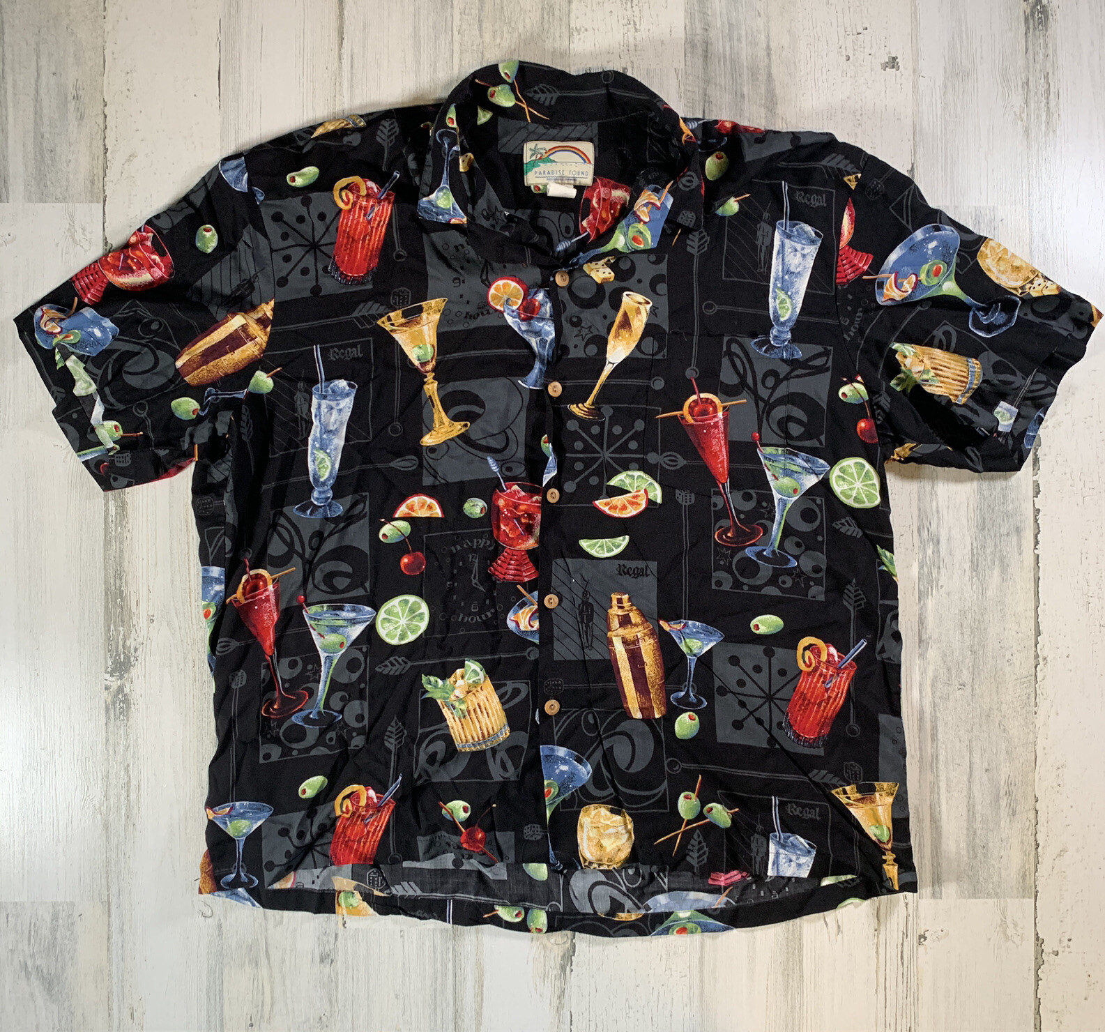 PARADISE FOUND Men’s Hawaiian Button Shirt Cocktail Drink Martini Tiki Sz XL EUC
