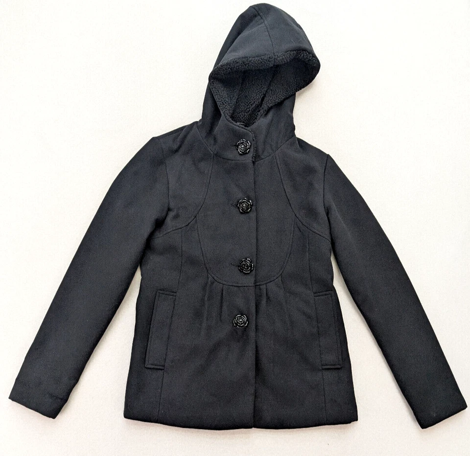 Abrigo chaqueta de invierno para mujer sobre rosa talla S negro con capucha botones rosas Foto 2 de 4