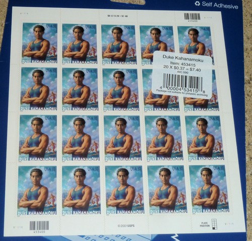 Estampilla de surf Duke Kahanamoku de 37¢ de Estados Unidos #3660 MNH hoja completa de 20 USPS sellada 2002 - Imagen 2 de 3