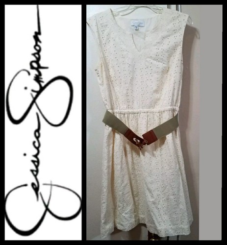 $128 Jessica Simpson Ivory Embroidery Eyelet Cotton Belted Dress ~ S M3020 - Picture 3 of 11