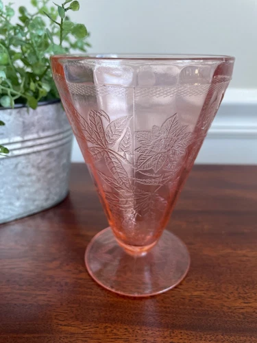 Vtg Jeannette Floral Poinsettia Pink 4" Footed Juice Tumbler Depression Glass
