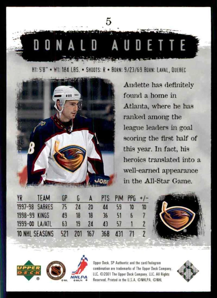2000-01 Upper Deck SP Authentic Donald Audette #5 - Image 2 of 2
