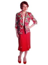 Vtg 50s Red Linen Skirt Printed Jacket Set Salon Lentheric John of California S