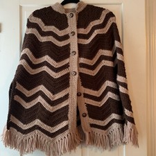Vintage EUC Retro Handmade Crochet Brown Cream Poncho Cape Shawl One Size