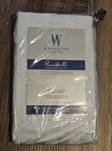 New WAMSUTTA 500 TC Pima Cotton Pillow Cases Standard Queen Stripe Light Blue