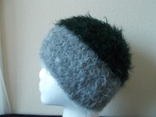 Hand knitted bulky, warm  fuzzy hat, dark green  light gray small 