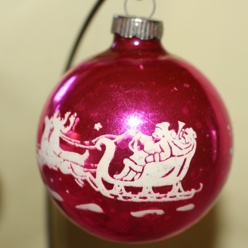 Vintage Shiny Brite Pink Santa w/Reindeer Stencil Holiday Christmas Ornament 2.5