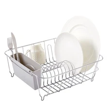 Stainless Steel Sink Dish Drainer Rack w/ Plastic Tray for Glasses Bowls Plates