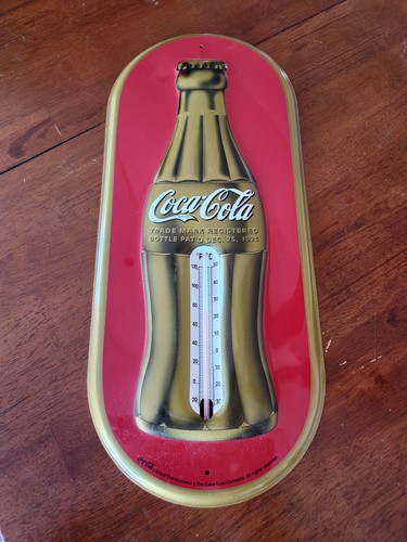 Vintage Coca-Cola Bottle Thermometer Sign Red & Gold