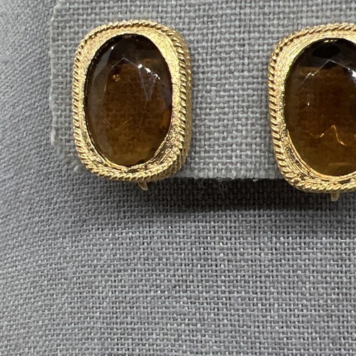 Vintage Sarah Coventry Clip On Earrings Brown Glass Cabochon Gold Tone Geometric - Picture 7 of 10