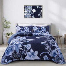 Floral Quilt Set Queen 3 Pieces Navy Blue Floral Quilt Coverlet Set Soft Micr...