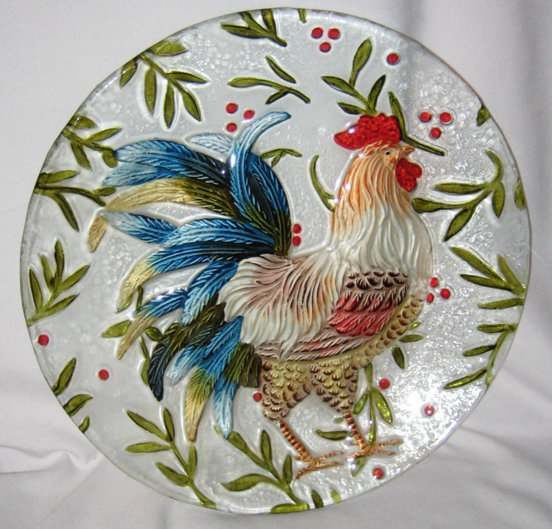 Colorful Glass Rooster/Chicken Decorative Round Platter - Pre-Owned