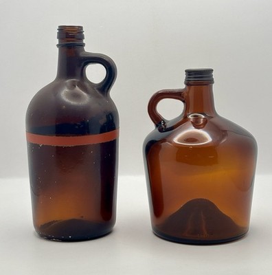Vintage Set Of 2 Amber Glass Whiskey Jugs Growlers 4/5 Federal Law Forbids Sale