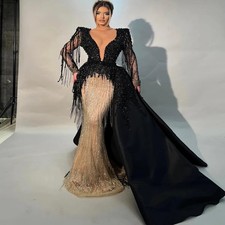 Black Champagne V-neck Mermaid Ball Dress Long Sleeve Crystal Bead Evening Gown