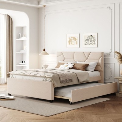 Full Size Upholstered Platform Bed with Brick Pattern Headboard and Twin Size