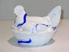 Vintage Milk Glass Blue Swirl Marbled Hen on Nest Basketweave Base Candy Dish