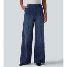 Halara High Waisted Wide Leg Work Jeans Dark Wash Blue XL Pockets Seam Detail