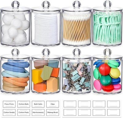 AOZITA 8 Pack Acrylic Qtip Holder Dispenser with Lids & Labels, 8 Pack, Clear 