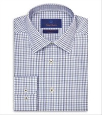 David Donahue Trim Fit Poplin Printed Luxury Non Iron Shirt Blue Size 16.5X32-33