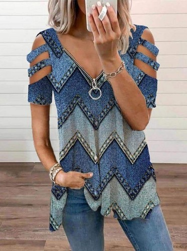 Summer Womens Cold Shoulder T Shirts Blouse Zipper V Neck Tee Tops PLUS SIZE UK - Picture 15 of 32