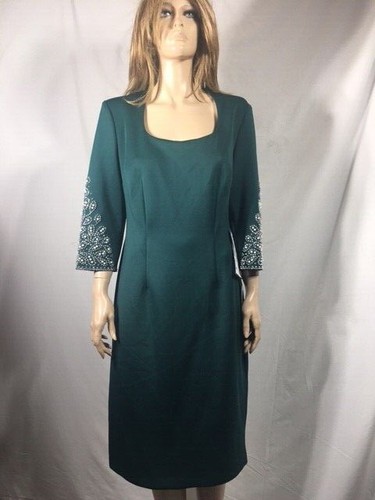 Women's NWT SLNY Sheath 3/4 Sleeve Hunter Green Embellished Scuba dress Size 14 - Picture 1 of 7