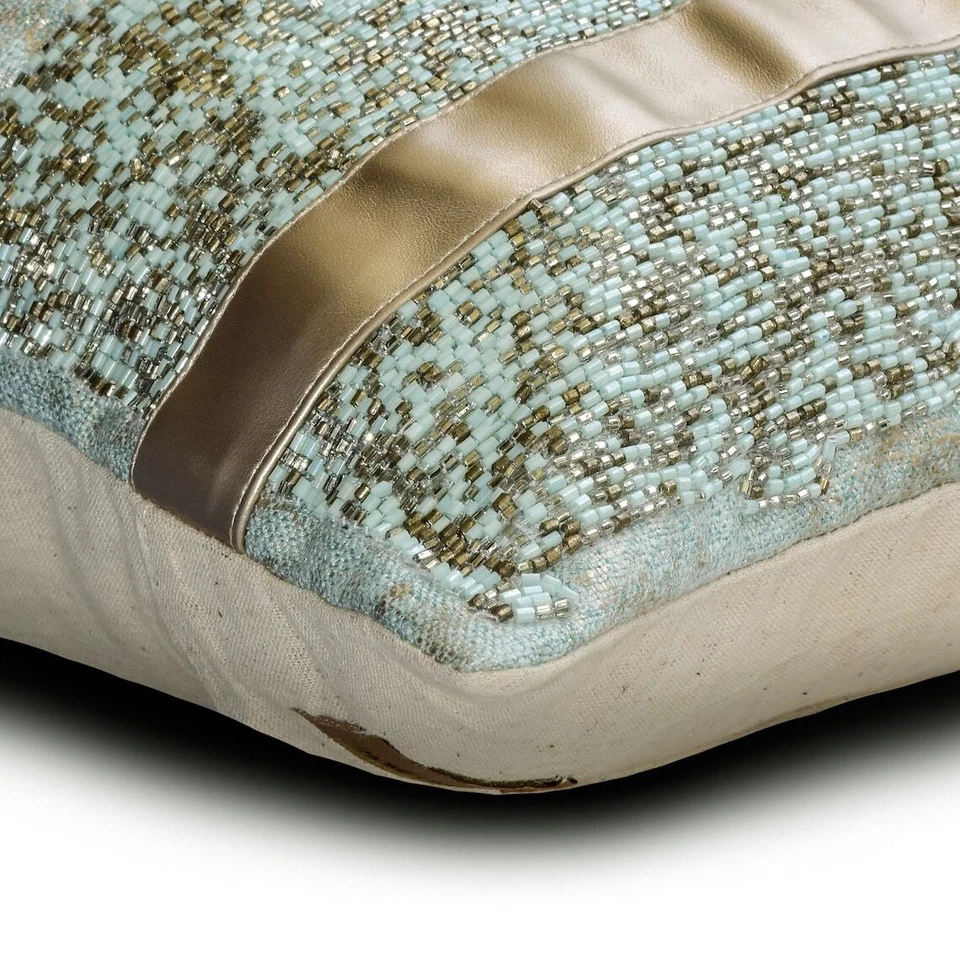 Blue Jacquard  Lumbar Pillow Cover Beaded & Foil & Faux Leather - Halycon Silver - Image 2 of 3