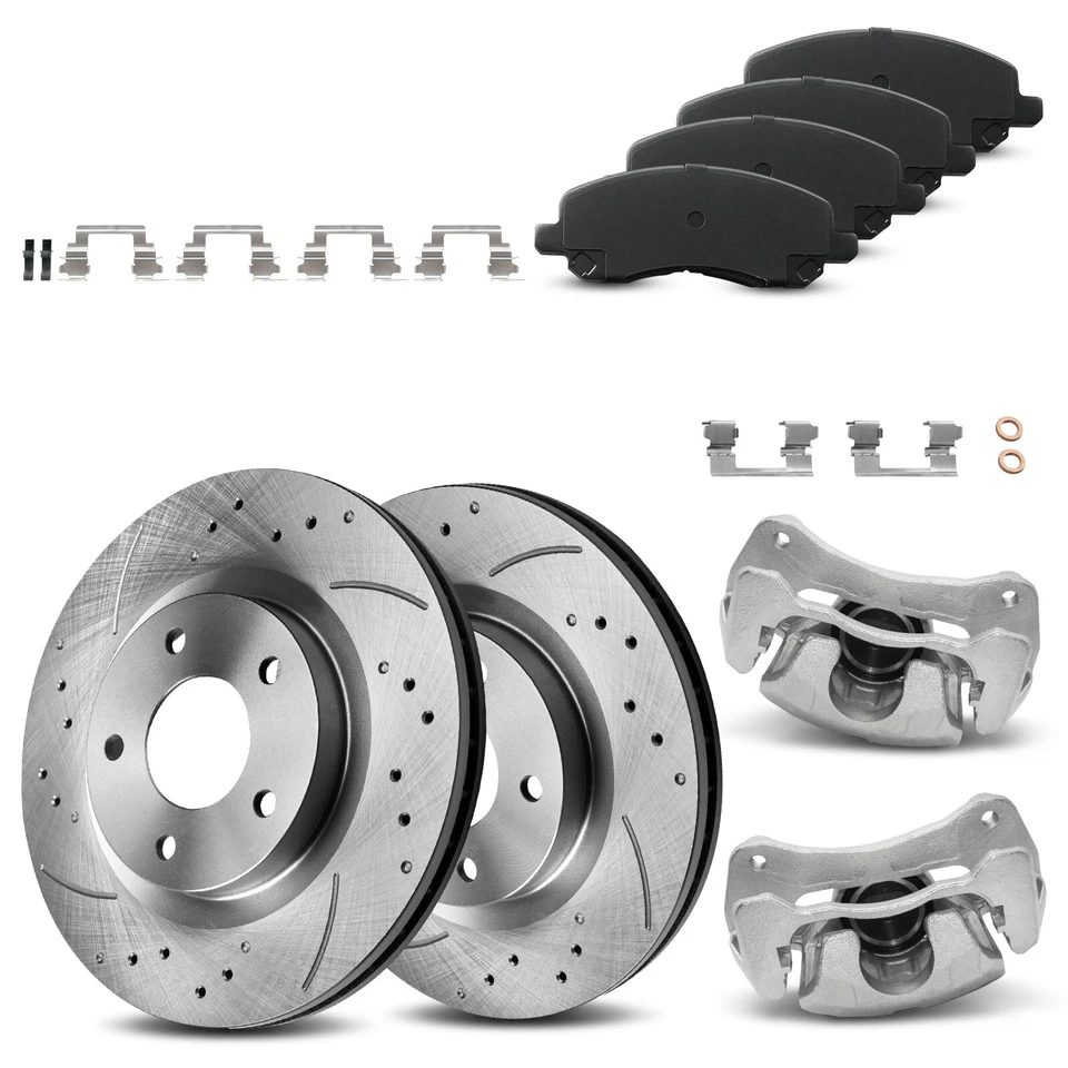 Front Drilled Rotors Brake Calipers & Pads for 2006 2007-2012 Mitsubishi Eclipse - Image 4 of 4