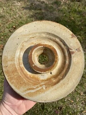 ANTIQUE NICE 7.5" PRIMITIVE STONEWARE BUTTER CHURN CROCK LID TAN SWIRLS AAFA