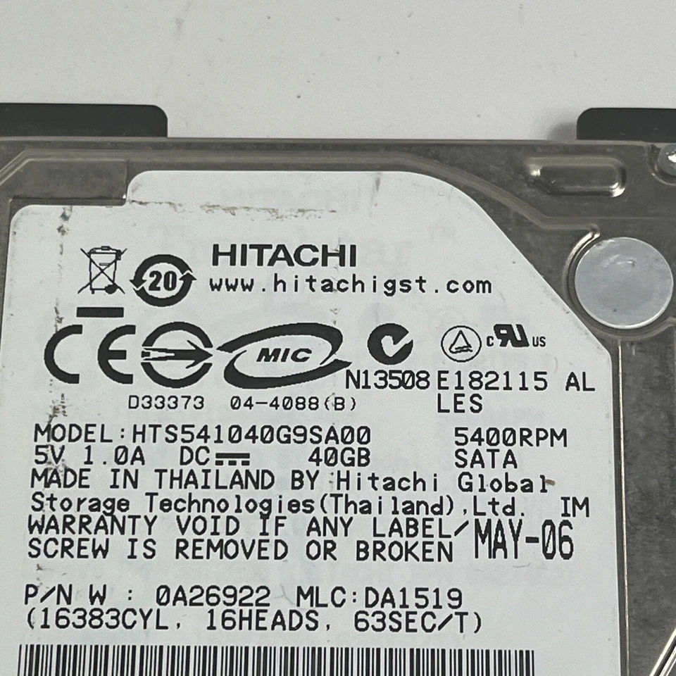 Hitachi HTS541040G9SA00 40GB 5400RPM 2.5" SATA Laptop Hard Drive (Read) - Image 2 of 4