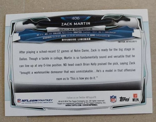 2014 Topps Zack Martin Rookie #406 Dallas Cowboys - Picture 5 of 7