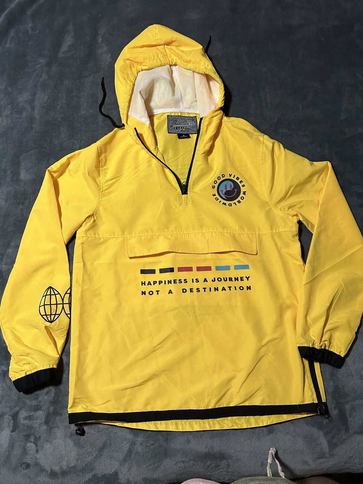 Brooklyn Cloth Co. Yellow Rain Jacket Hood Life is a Journey Windbreaker Sz smal