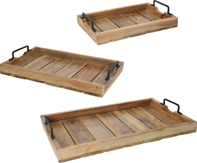 ETC Vintage Tablett-Set (2 Stück) – Landhaus-Stil, Holz Mit Metallgriffen, Shabby Braun