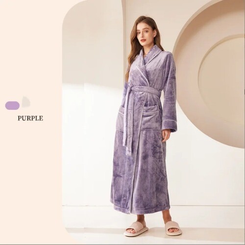 New Winter Robe Long Nightgown with Pocket Robe Bathrobe Gown Flannel Sleepwear - Bild 18 von 21