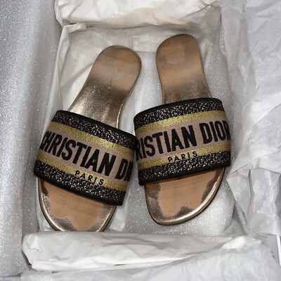 CHRISTIAN DIOR DWAY Slides Rose Gold Cotton Embroidered w/Metallic Thread, #36.5