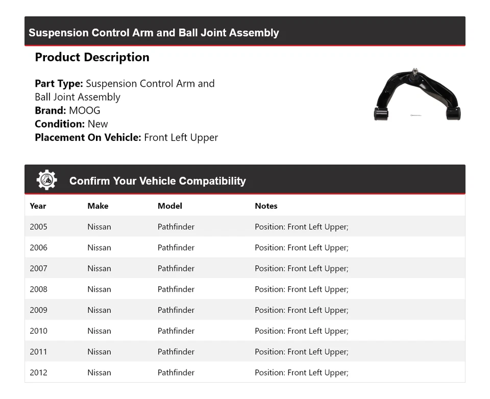 Brazo de control delantero izquierdo superior MOOG 2005-2012 Nissan Pathfinder 2005 2006 2007 Foto 2 de 4