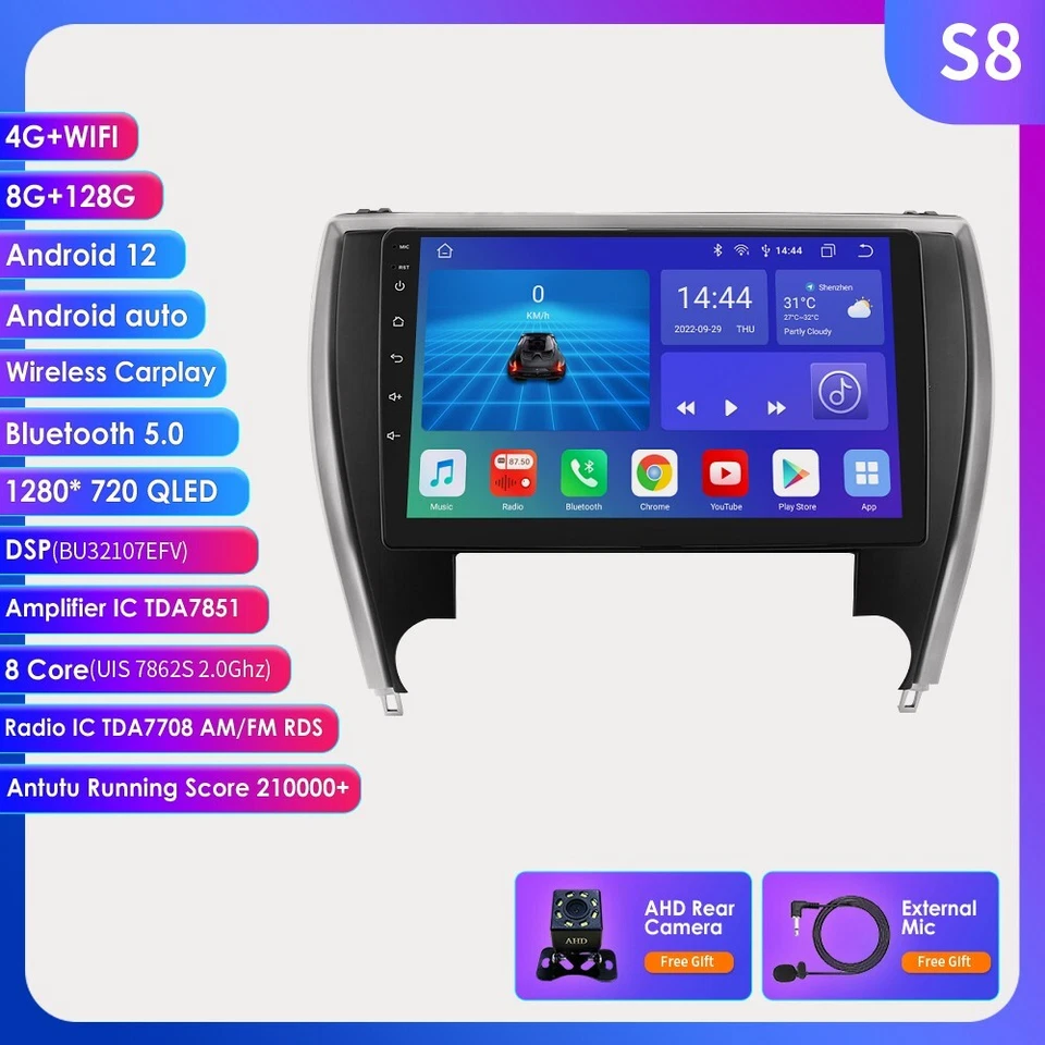 8+128G Android 12 Car Stereo CarPlay GPS Radio BT DSP for Toyota Camry 2015-2017 — 第 2/4 张图片