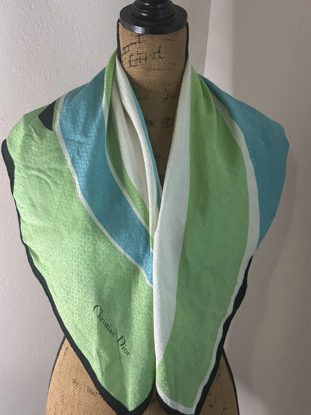 Écharpe monogramme vintage Christian Dior blanc sarcelle vert noir abstrait CD