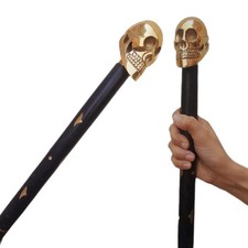 Vintage Black Walking Stick Cane Handle Antique Brass Skull Head Wooden Cane New
