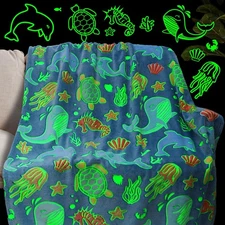 Ocean Glow in The Dark Blanket Kids 50x60 Inch Turtle Fish Soft Throw Gift