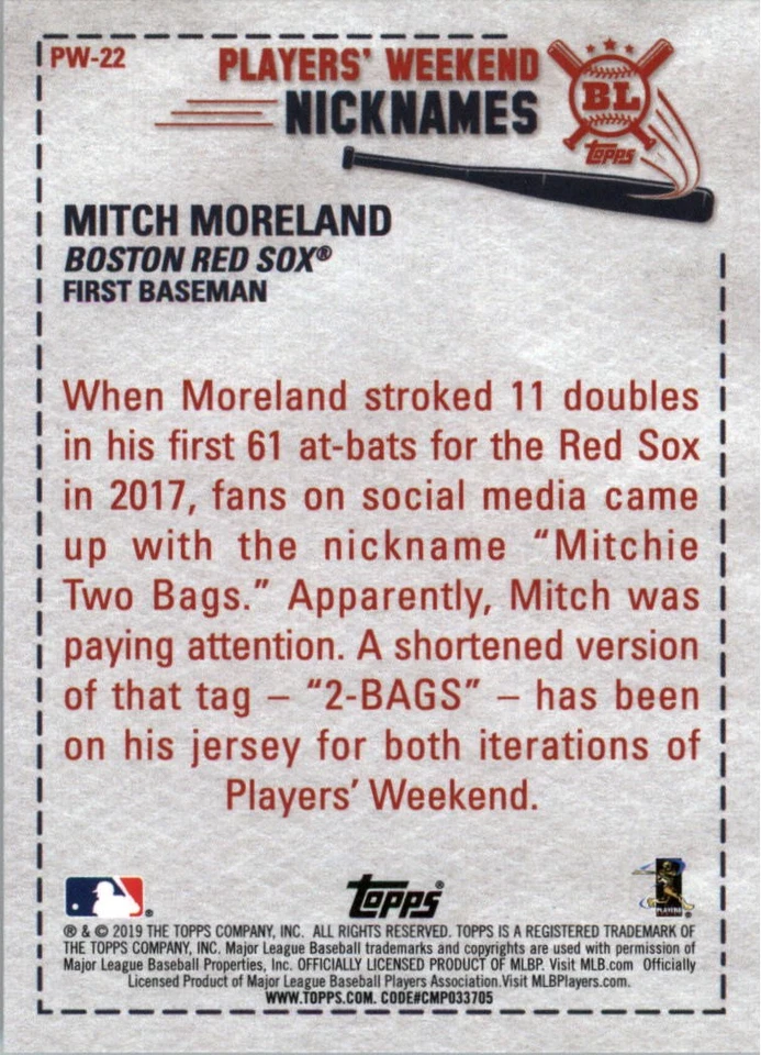 2019 Topps Big League Players Weekend Nicknames #PW22 Mitch Moreland - BB - Image 2 of 2