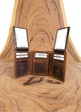 Buffalo Leather Trifold Wallet With Zipper In Cash Compartment , 4 id holders