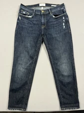Frame Le Garçon Crop Jeans Womens 26 Blue Distressed Denim Mid Rise Raw Hem USA