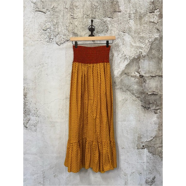 Vintage Yellow Maxi Skirt with Rust Smocked Waist