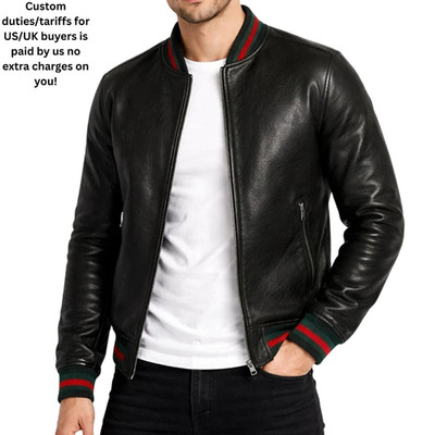 Men's Genuine Black Leather Bomber Jacket Letterman Varsity Baseball School Wear