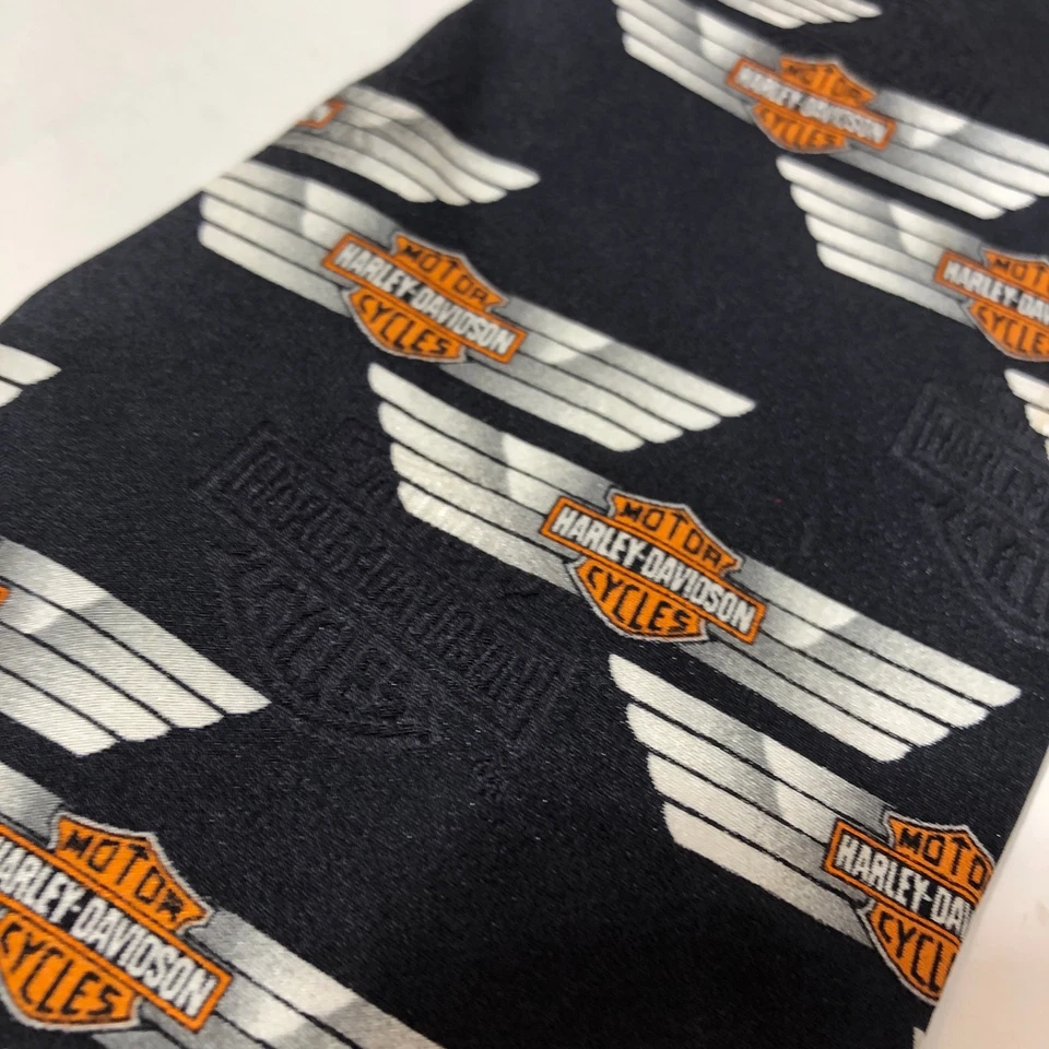 Corbata de cuello Harley Davidson años 90 logotipo negro naranja vintage retro seda hecha en EE. UU. Foto 4 de 4