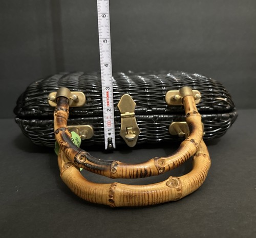 Borsa vintage anni '50 Lesco Lona in vimini nero rattan manico legno, Hong Kong - Foto 23 di 24