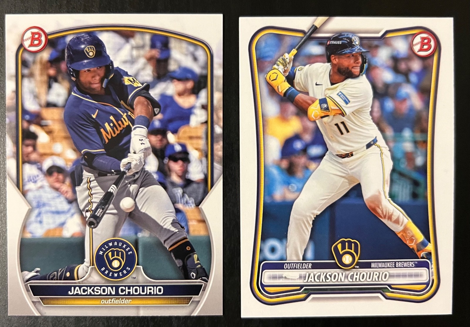(2) JACKSON CHOURIO Rookie Card RC 2023 Bowman Draft 2026 World Series Brewers