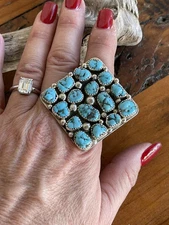 Handcrafted Sterling Silver Square Platform Kingman Turquoise Wide Band Ring Sz